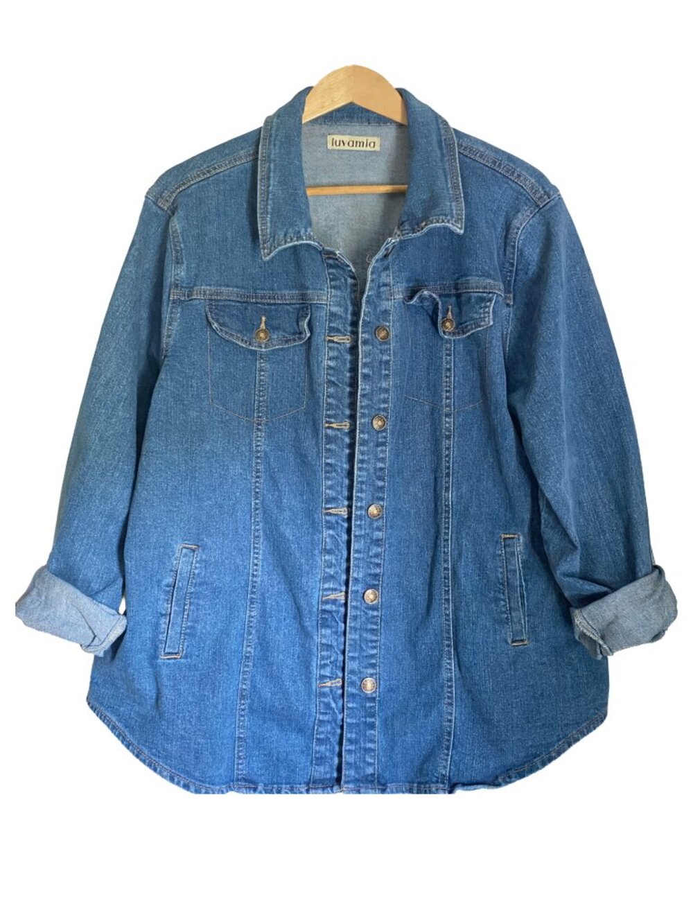 Luvamia - Plus Size 2XL - Stretch Jean Jacket - Denim Button Front Shacket